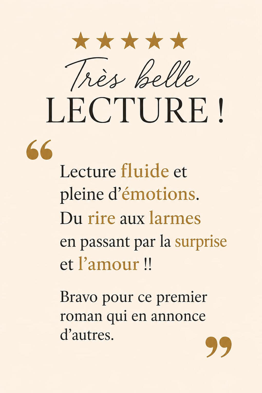 Avis lecteur : Très belle lecture ! Lecture fluide et pleine d'émotions. Du rire aux larmes en passant par la surprise et l'amour !! Bravo pour ce premier roman qui en annonce d'autres. Utile Signaler